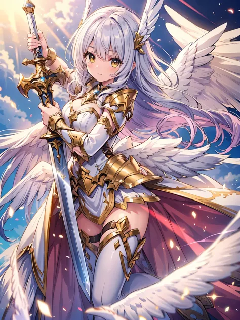 (masterpiece), best quality, 1girl, Valkyrie, angel knight in withe dress and sliver armor, shiny armor, High-gloss armor, reflective metal armor, holding sword, (long_sword), pink long curly hair, yellow eyes, wings, white outfit, perfect lighting