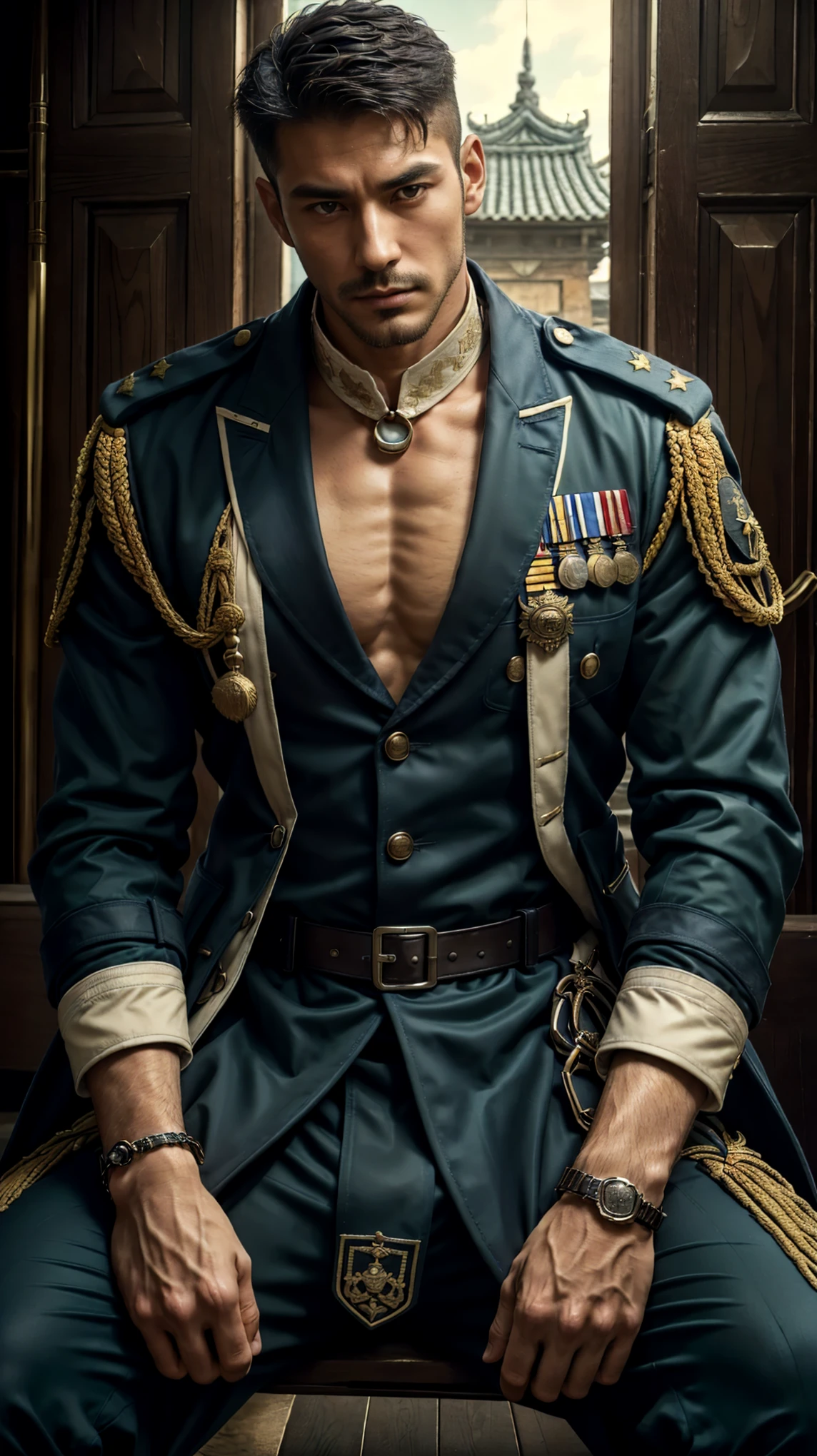 (Best quality at best,Photorealistic),(dark,feels) Young person, One guy,detailed black eyes, French-German man in uniform standing in front of building, in full military garb, in a soldier uniform, Inspired by Zhang Sengyao, in a soldier uniform, Court Costume Akira, in a soldier uniform, Imperial team, in a soldier uniform, Wearing imperial equipment, Wearing a soldier's uniform, Inspired by Oka Yasuyu, Italian man wearing old samurai uniform，，。dark skin., （（Very relaxed and lazy look！））, （（Unintentionally exposing chest muscles））Handsome male, Handsome chad chin, Handsome and attractive, Handsome and elegant, Handsome man, Sexy masculine, masculine and Handsome, , Handsome, Attractive posing, attractive male, Attractive man,40-year-old man！Lift your little head，Kominan wearing an army coat（closeup portrait！)）showing off his hairy pecs。（Show hairy chest muscles），），(Use a short beard collar），Wear a military uniform and wear one without buttons！Show hairy chest muscles），)，(Use a short beard collar，）headspace！Charming and serious look，（Handsome man，sitting down，poorly dressed，Perfect body anatomy，Beautiful man face detail，perfect foot，perfect hand！Ultra-low angle shooting！！