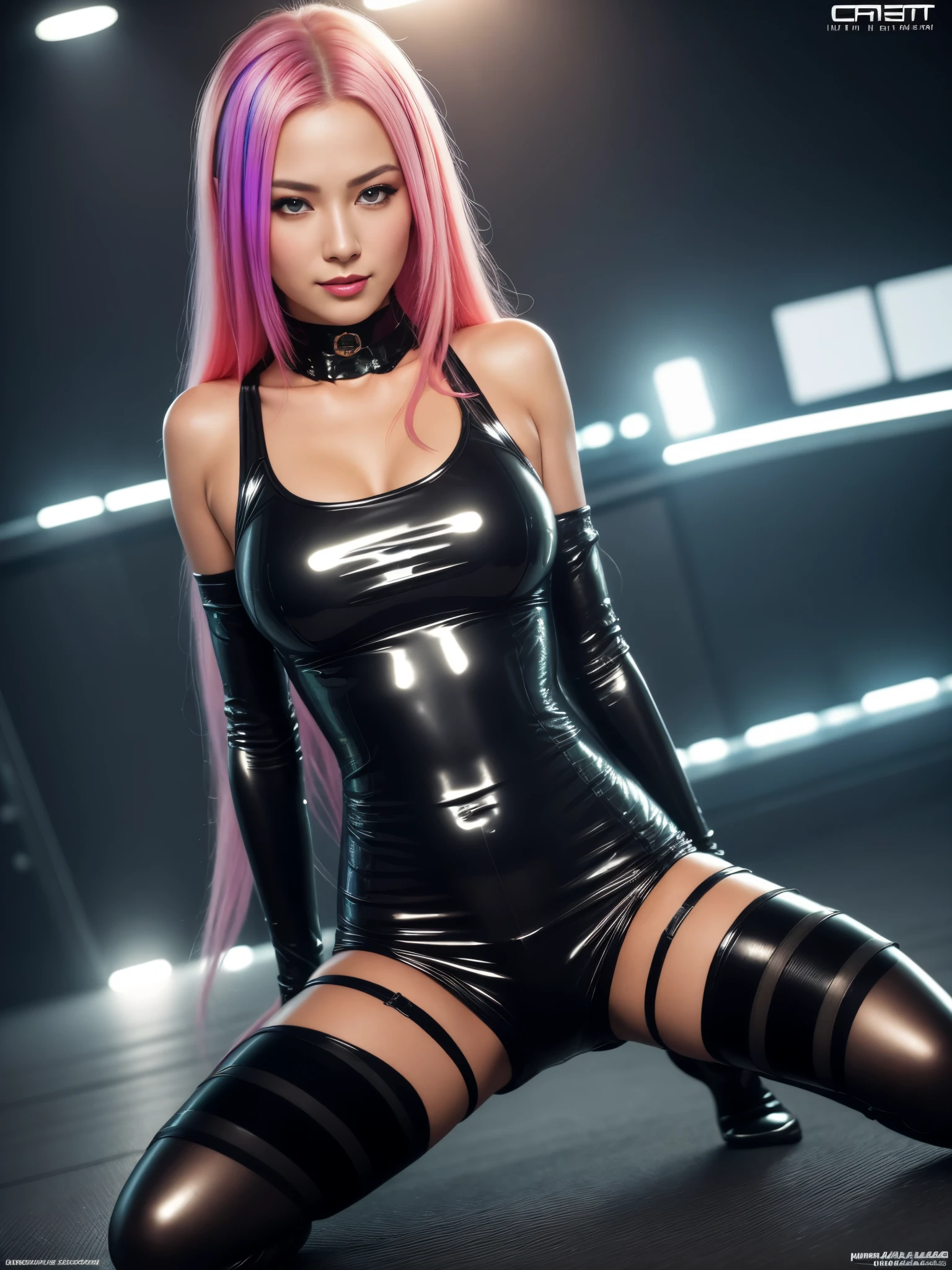 Cyber City,The actress is a very beautiful Western adult woman, Sexy super shiny skin tight fluorescent holographic cyberpunk suit:1.3 ,Sexy face,lip gloss, skinny and muscular, visible collarbone, choker, naughty smile,Sexy Pose, (long rainbow colored hair),small firm breasts,professional lighting,Cinematic Light,(masterpiece,top-quality,Ultra-high resolution output image,) ,(The 8k quality,),(Sea Art 2 Mode:1.3),(Image Mode Ultra HD), kneeling, worshiping her master, waruochi, pleeding eyes, pleeding, open mouth, ahegao, skimpy