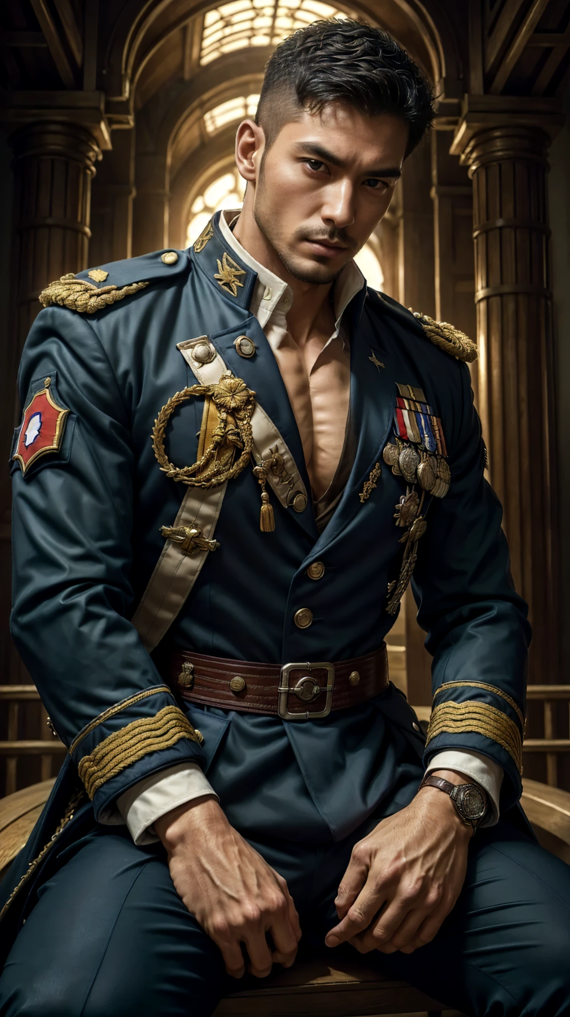 (Best quality at best,Photorealistic),(dark,feels) Young person, One guy,detailed black eyes, French-German man in uniform standing in front of building, in full military garb, in a soldier uniform, Inspired by Zhang Sengyao, in a soldier uniform, Court Costume Akira, in a soldier uniform, Imperial team, in a soldier uniform, Wearing imperial equipment, Wearing a soldier's uniform, Inspired by Oka Yasuyu, Italian man wearing old samurai uniform，，。dark skin., （（Very relaxed and lazy look！））, （（Unintentionally exposing chest muscles））Handsome male, Handsome chad chin, Handsome and attractive, Handsome and elegant, Handsome man, Sexy masculine, masculine and Handsome, , Handsome, Attractive posing, attractive male, Attractive man,40-year-old man！Lift your little head，Kominan wearing an army coat（closeup portrait！)）showing off his hairy pecs。（Show hairy chest muscles），），(Use a short beard collar），Wear a military uniform and wear one without buttons！Show hairy chest muscles），)，(Use a short beard collar，）headspace！Charming and serious look，（Handsome man，sitting down，poorly dressed，Perfect body anatomy，Beautiful man face detail，perfect foot，perfect hand！Ultra-low angle shooting！！
