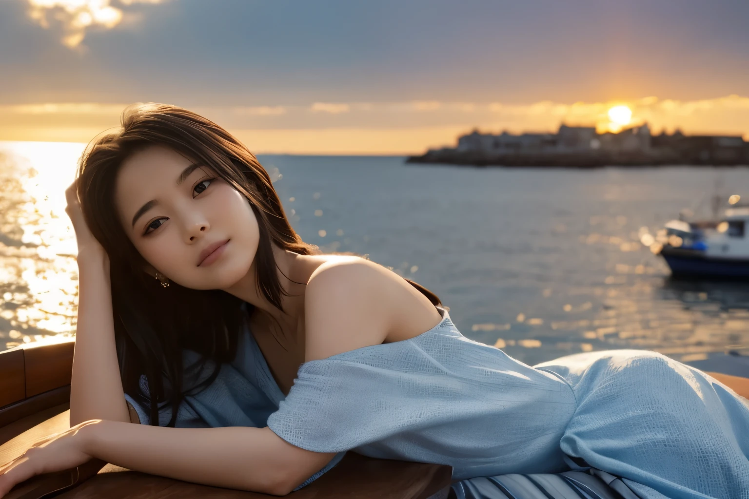 atmospheric perspective, 8K, Super detailed, Accurate, highest quality, ((young Japanese actress, round face)), film skin, (correct limbs), woman, blush, Open your chest a little, (droopy eyes, sleepy), emphasize the shape of the chest, (shy, I sigh, open your mouth), dress, A town by the sea, Boat, sunset, slightly warm lighting,