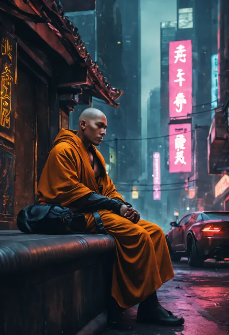 cyberpunk, monk, chillin in the city