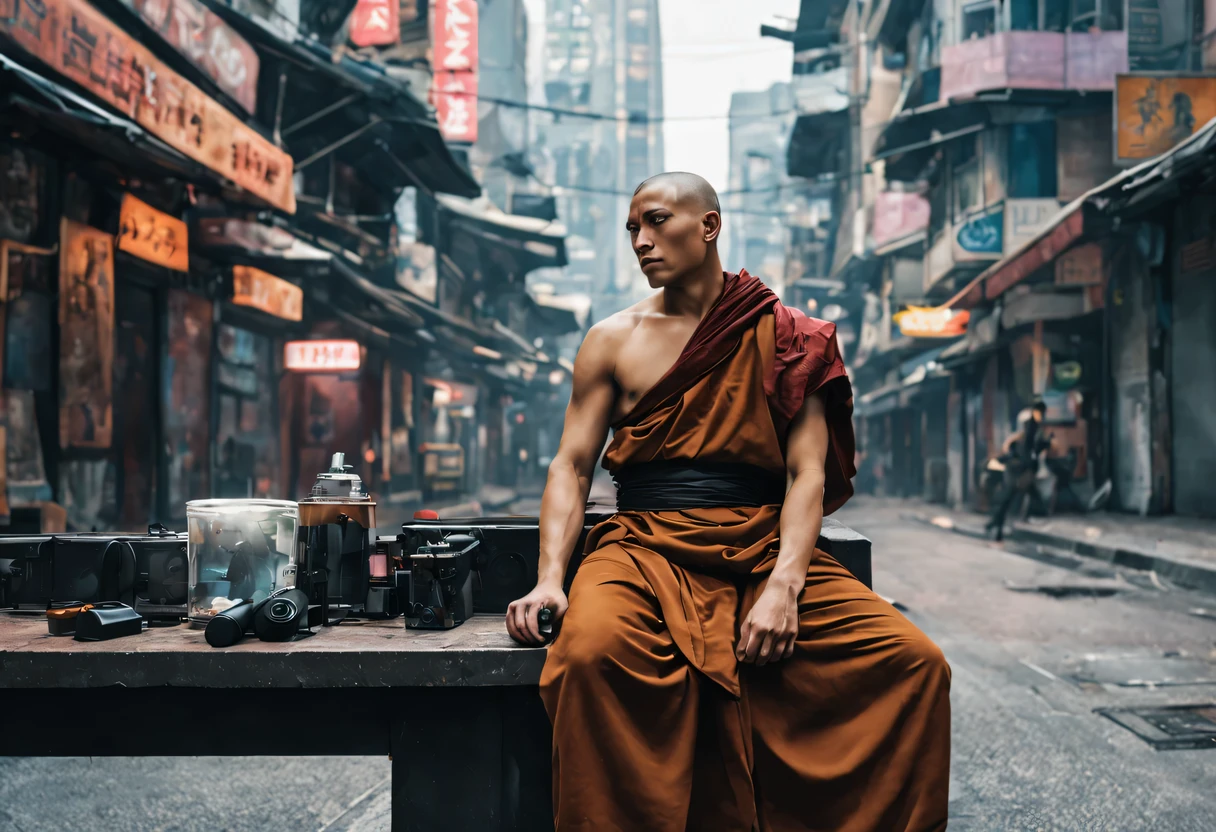 cyberpunk, monk, chillin in the city