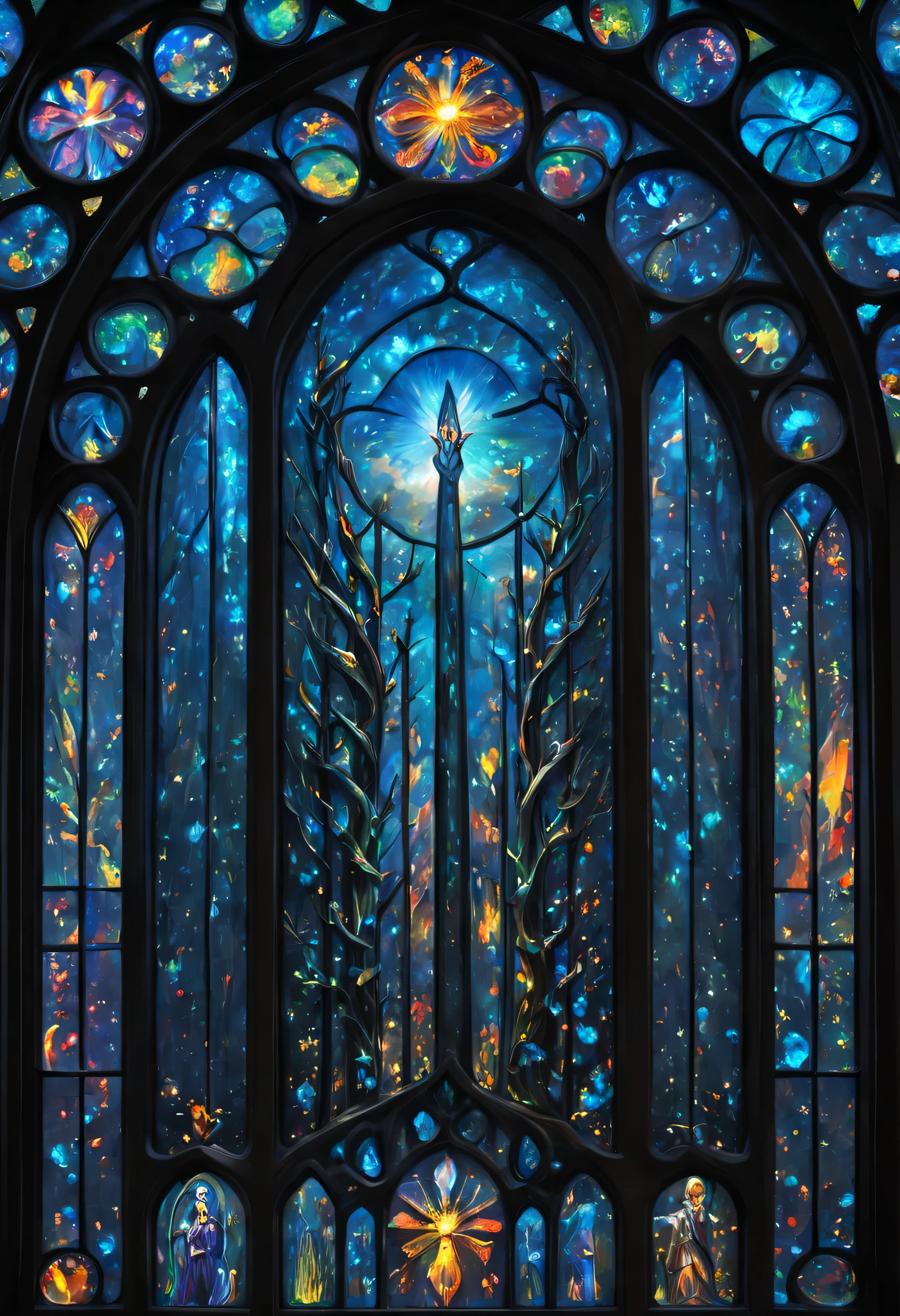 Stunning stained glass window made from black opal god ray, actual, . Award-winning, professional, Very detailed