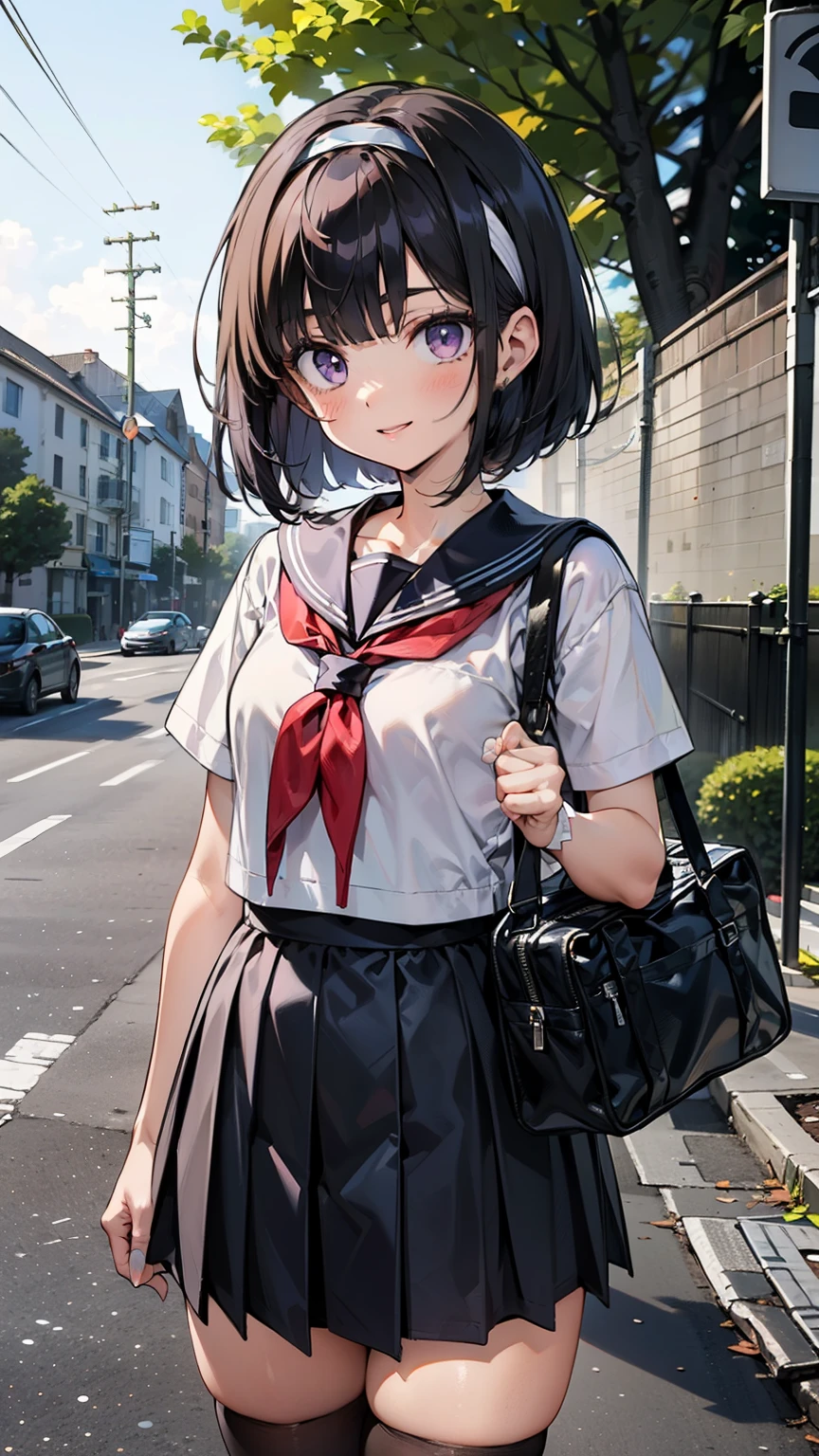 sailor suit, one woman, (a beauty woman, delicate :1.3), black hair, bob cut, Bangs Patsun, 8k, highest quality, masterpiece, Super detailed, ultra high resolution, realistic, RAW photo, absolute resolution, small face compared to body (4:1), very small face (4:1), The face is balanced, black hair, sailor suit, Dark blue skirt, Realistic high school girl, ((white headband)), small breasts, tall, slanted eyes, purple eyes, (In front of the school gate), (black stockings), open your mouth, smile, stand, school bag,