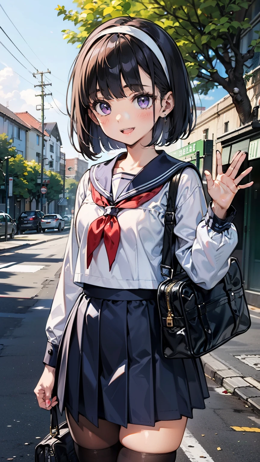 sailor suit, one woman, (a beauty woman, delicate :1.3), black hair, bob cut, Bangs Patsun, 8k, highest quality, masterpiece, Super detailed, ultra high resolution, realistic, RAW photo, absolute resolution, small face compared to body (4:1), very small face (4:1), The face is balanced, black hair, sailor suit, Dark blue skirt, Realistic high school girl, ((white headband)), small breasts, tall, slanted eyes, purple eyes, (In front of the school gate), (black stockings), open your mouth, smile, stand, school bag, wave to the camera, 
