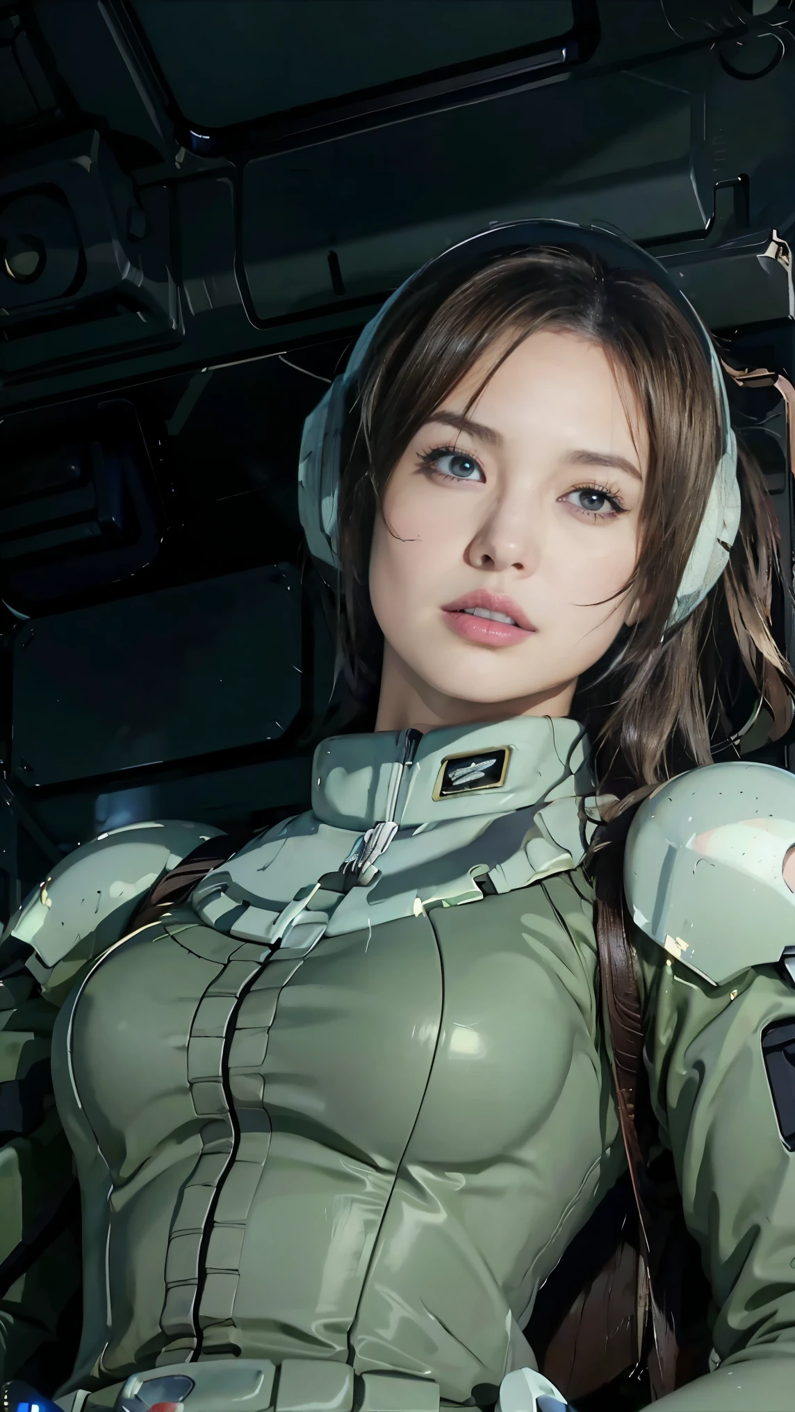 (((masterpiece,highest quality,In 8K,super detailed,High resolution,anime style,Absolutely))),Zeon female pilot sitting in the cockpit,(solo:1.5),(Angelina jolie:1.5),(((The background is the cockpit of a dark mobile suit.:1.5))),((blur background:1.5)),(Wearing a pilot suit:1.5),((Wearing a full-face helmet:1.5)),(Beautiful woman:1.5),(Detailed facial depiction:1.5),(big breasts:1.3),(wallpaper:1.5),(from below:1.5)