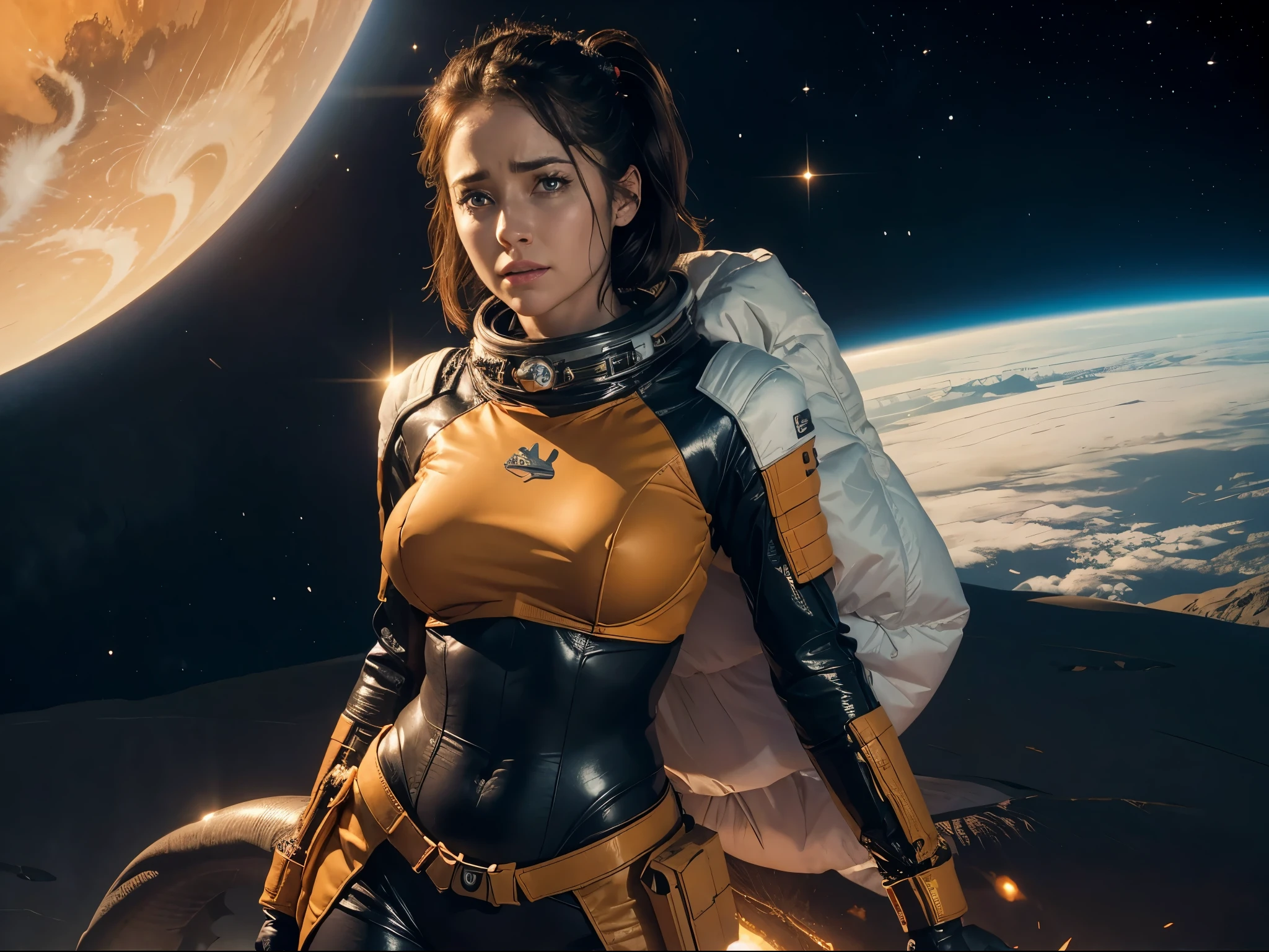 As she reloads her laser gun, the space woman takes a moment to survey the desolate landscape of the alien planet. The orange glow of her suit reflects off the dusty ground, creating an otherworldly atmosphere. She knows she must stay alert, for there may be more dangers lurking in this barren wasteland.