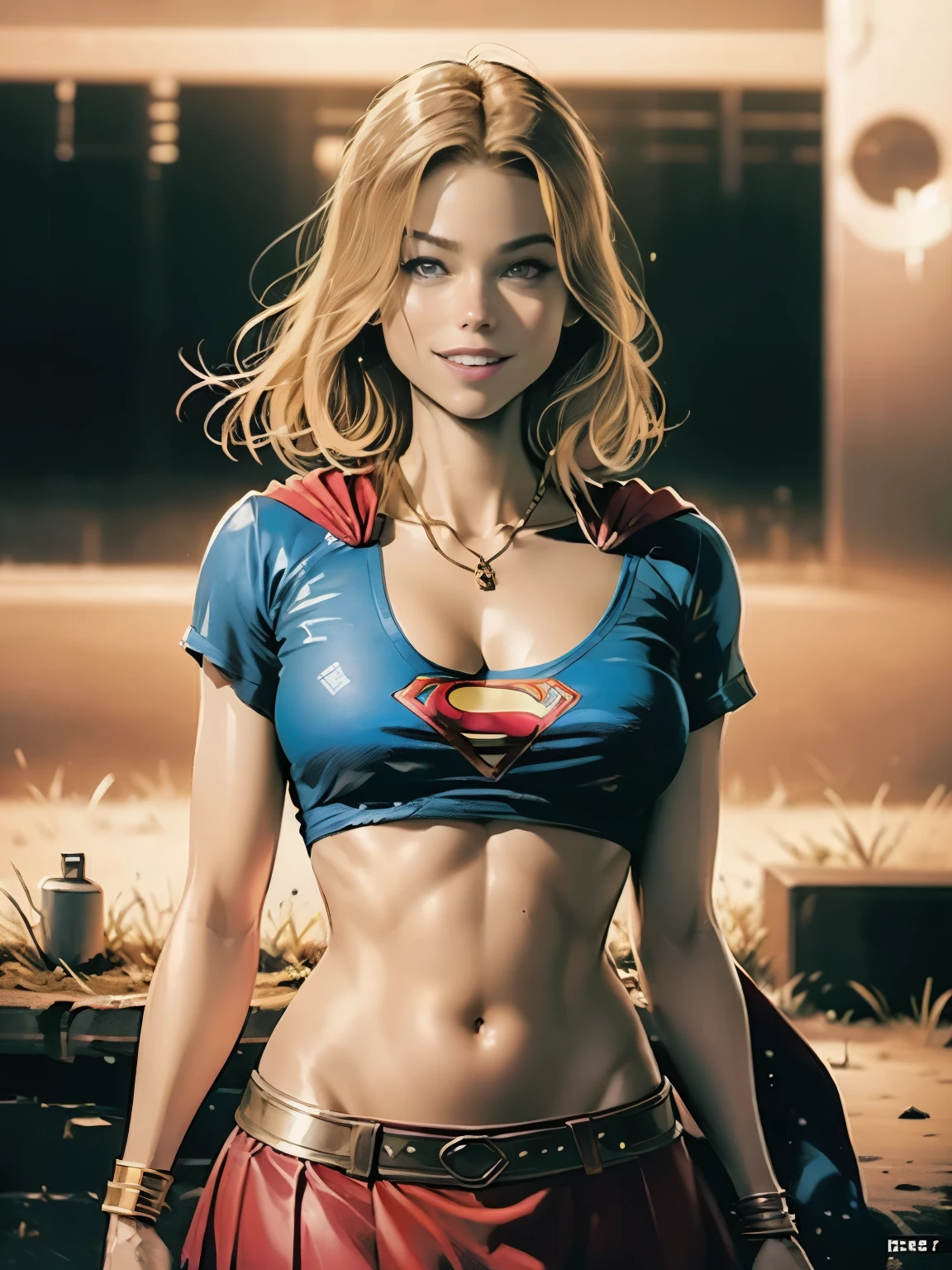 (((Comic art: 1.5))), ((cartoon style)) , masterpiece, best quality, high quality, high definition, high quality textures, high quality shadows, high definition, beautiful detail, highly detailed CG, detailed textures, supergirl, ((best quality, masterpiece, absurd, 8k)), 1 girl, solo, 18 years old,Supergirl, (((Milly Alcock face))) , huge breasts, huge breasts, cut hair down to her hips, cut hair,low hair, white skin tone, green eyes, sparkling expressive eyes, huge breasts, she is supergirl, Supergirl, uniform female  Supergirl, blushing, embarrassed expression, shy smile, building terrace, daytime, pretty, young woman, hands behind) (1girl, __focus__:1.3), (intricate details, makeup , PureErosFace_V1:0.5), (delicate beautiful face with details, Delicate eyes beautiful in details, perfect face proportions, dense skin, ideal proportion of four fingers and one thumb, arms under the chest, huge breasts, miniskirt,upskirt,wide hips, flat upper abdomen , thin, dressed, blonde: 1.3), bed, no hands, perfect eyes, detailed eyes, show midriff, sexy, cleavage, red skirt