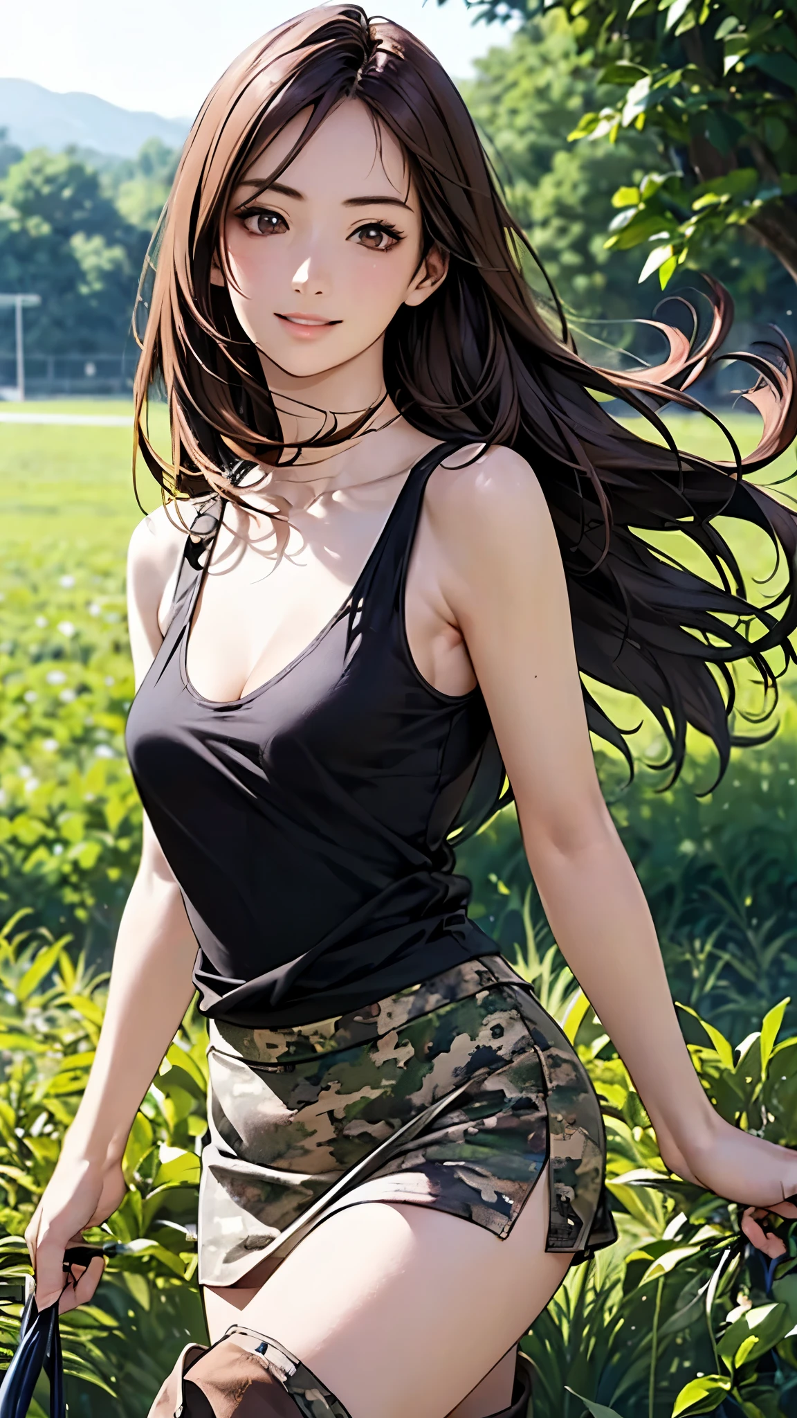 (masterpiece:1.2, top-quality), (realistic, photorealistic:1.4), beautiful illustration, (natural side lighting, movie lighting), 
looking at viewer, cowboy shot, 1 girl, japanese, high school girl, 14 years old, perfect face, cute and symmetrical face, shiny skin, 
(long hair, straight hair, brown hair), hair between eyes, brown eyes, long eye lasher, (medium breasts), 
beautiful hair, beautiful face, beautiful detailed eyes, beautiful clavicle, beautiful body, beautiful chest, beautiful thigh, beautiful legs, beautiful fingers, 
((black tank top, camouflage mini skirt, brown middle boots)), 
(beautiful scenery), evening, (outdoors), standing, hands on chest, (lovely smile, upper eyes),