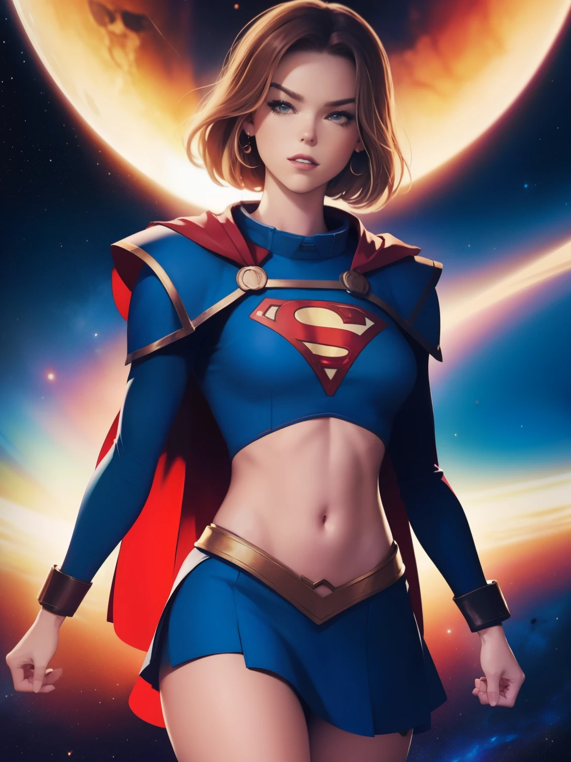 (((estilo cômico, arte dos desenhos animados))). ((1 garota)), sozinho, Sozinho, Uma imagem em estilo cômico de Supergirl, uma garota gostosa, com ela como figura central. Ela usa uma roupa tradicional da Supergirl azul e vermelha, saia pequena vermelha, (((Rosto de Milly Alcock))) . ((corpo magro e quente). (((Fundo do espaço cósmico cinematográfico))) . Ela tem uma expressão forte e corajosa, como se ela estivesse pronta para lutar contra o mal.