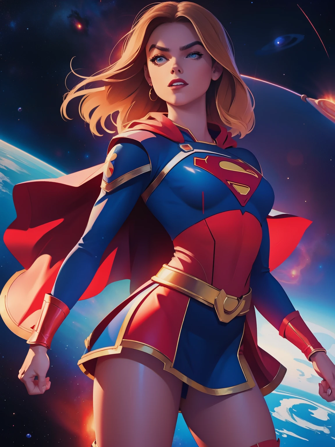 (((estilo cômico, arte dos desenhos animados))). ((1 garota)), sozinho, Sozinho, Uma imagem em estilo cômico de Supergirl, uma heroína gostosa, com ela como figura central. Ela usa uma roupa tradicional da Supergirl azul e vermelha, saia pequena vermelha, (((Rosto de Milly Alcock))) . ((corpo magro e quente). (((Fundo do espaço cósmico cinematográfico))) . Ela tem uma expressão forte e corajosa, como se ela estivesse pronta para lutar contra o mal.