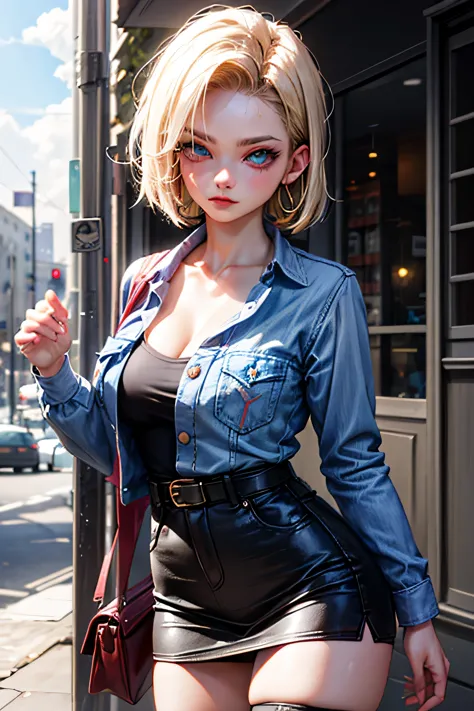 android 18, android 18, blonde hair, blue eyes, eyelash, hoop earrings, short hair, earrings, break belt, black legwear, black s...