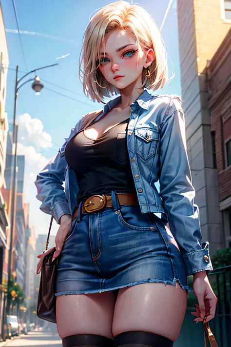 android 18, android 18, blonde hair, blue eyes, eyelash, hoop earrings, short hair, earrings, break belt, black legwear, black s...