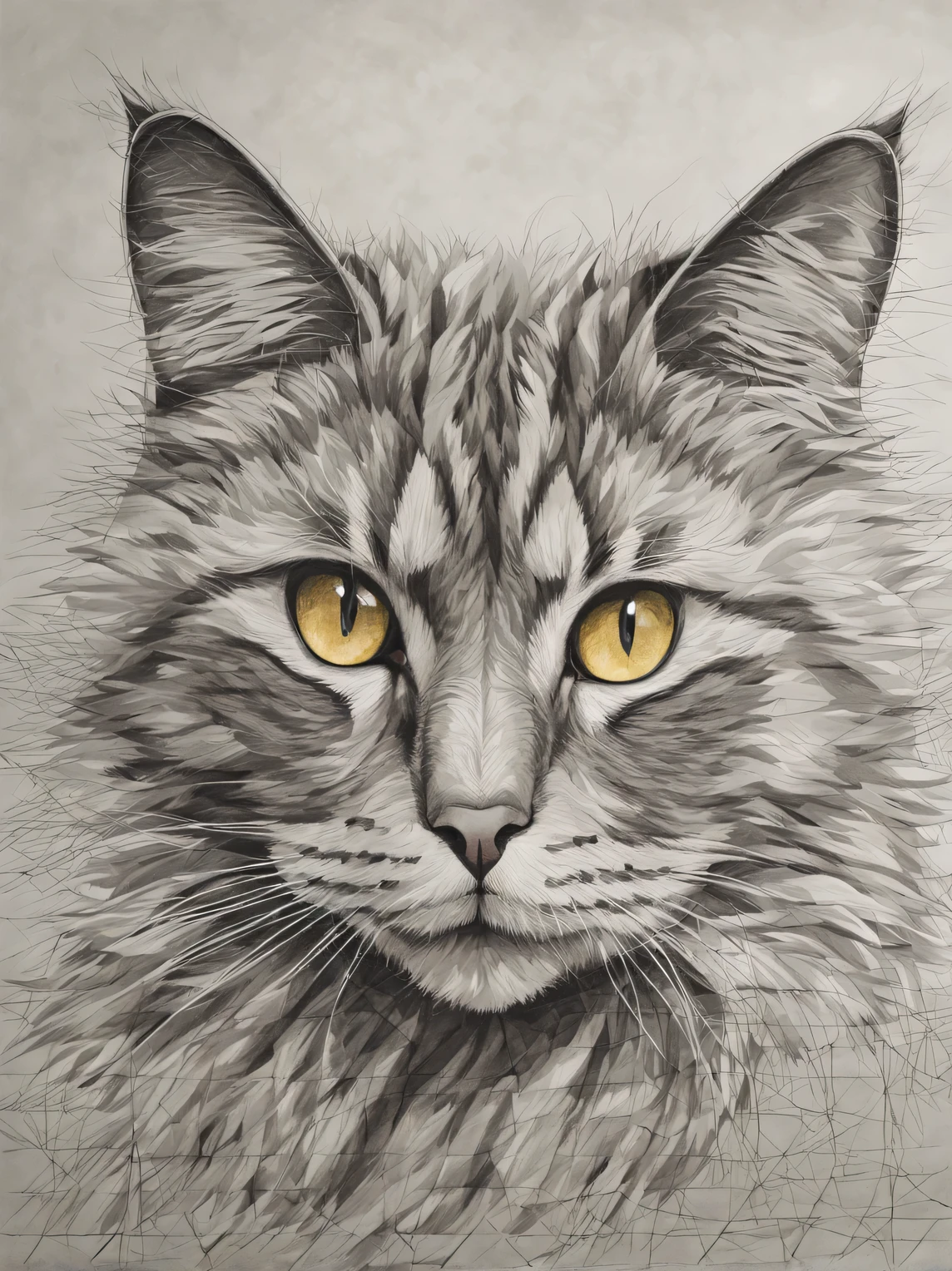 The Art of Drawing with Cells, the pattern is formed by a thin cell, portrait of a fluffy cat made in thin checkered patterns on gray paper