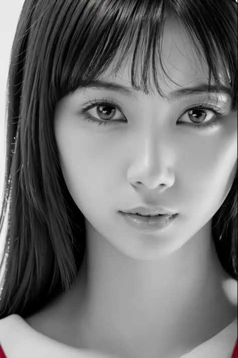 Masterpiece, Best Quality, Photorealsitic, Ultra-detailed, finely detail, high resolution, 8k wallpaper, Professional, high level of detail, ((monochrome photo)), 1girl in, Skinny Japanese woman, ((Facing the front)), ((Only lips are in Red)), Detailed cla...