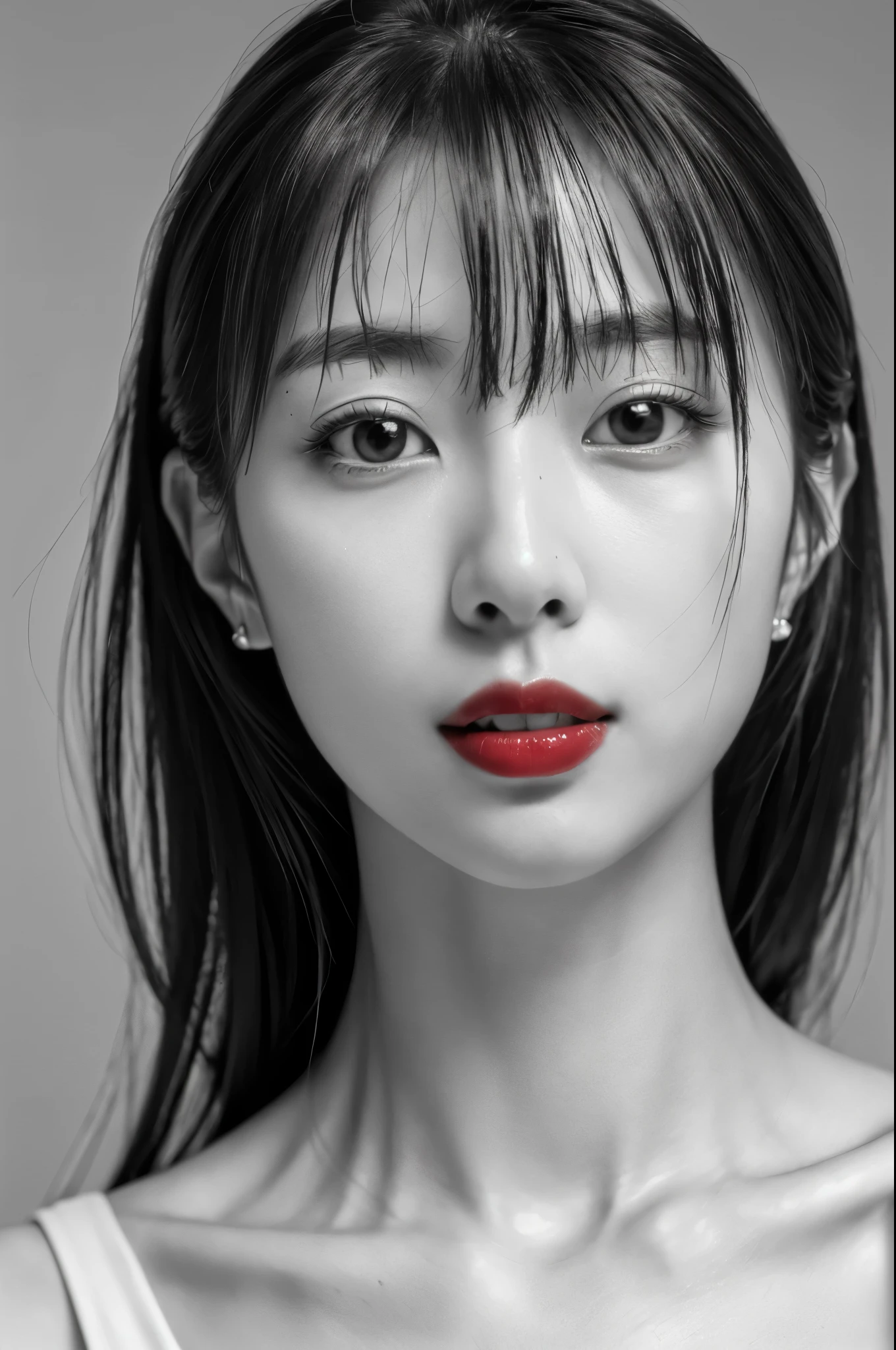 Masterpiece, Best Quality, Photorealsitic, Ultra-detailed, finely detail, high resolution, 8k wallpaper, Professional, high level of detail, ((monochrome photo)), 1girl in, Skinny Japanese woman, ((Facing the front)), ((Only lips are in Red)), Detailed clavicle, face perfect, straight hair, (look straight at a camera)