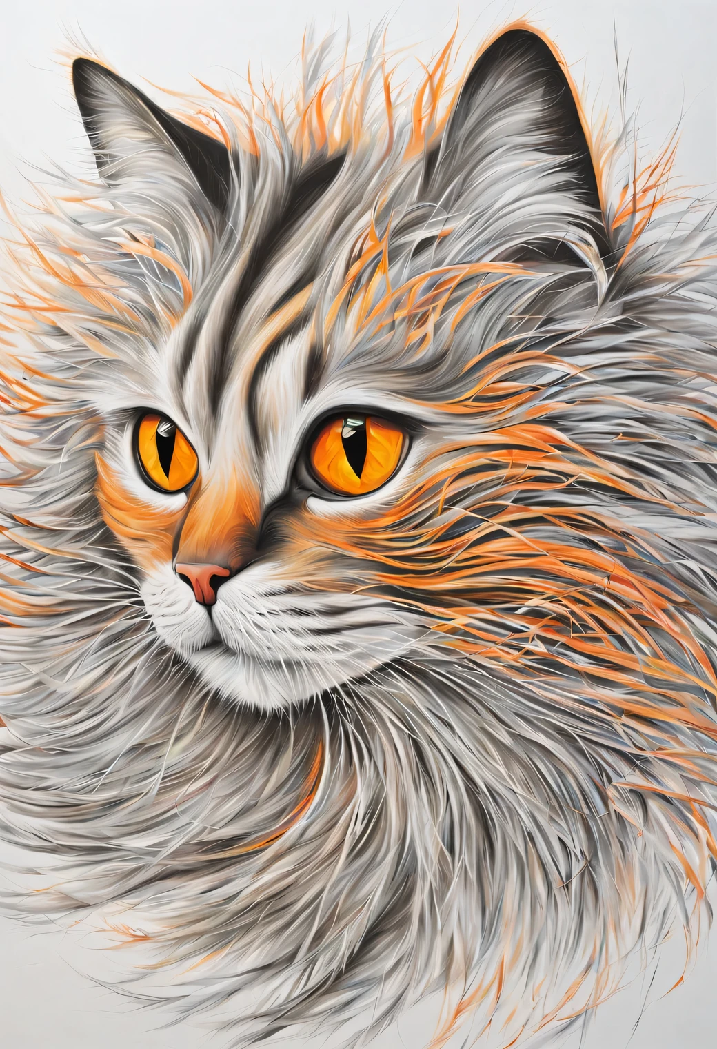 The Art of Drawing with Cells, the pattern is formed by a thin cell, portrait of a fluffy cat made in thin checkered patterns on gray paper