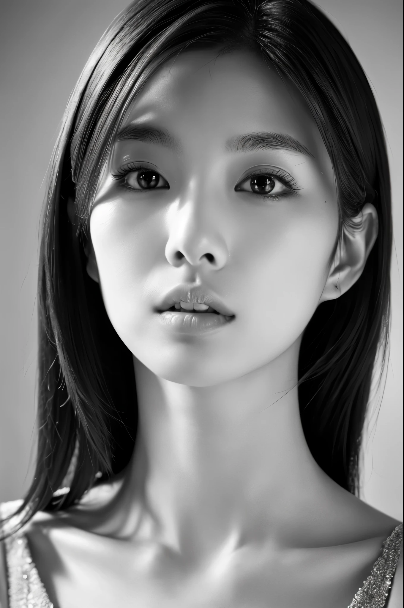 Masterpiece, Best Quality, Photorealsitic, Ultra-detailed, finely detail, high resolution, 8k wallpaper, Professional, high level of detail, ((monochrome photo)), 1girl in, Skinny Japanese woman, ((Facing the front)), ((Only lips are in Red)), Detailed clavicle, face perfect, straight hair, (look straight at a camera)