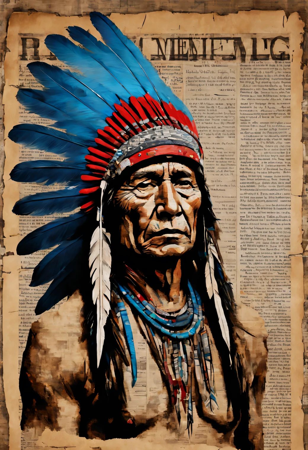 The art of drawing on newspaper., acrylic drawing on an old newspaper, portrait of a red Native American man wearing a headdress with blue feathers drawn on top of an old newspaper, a high resolution
