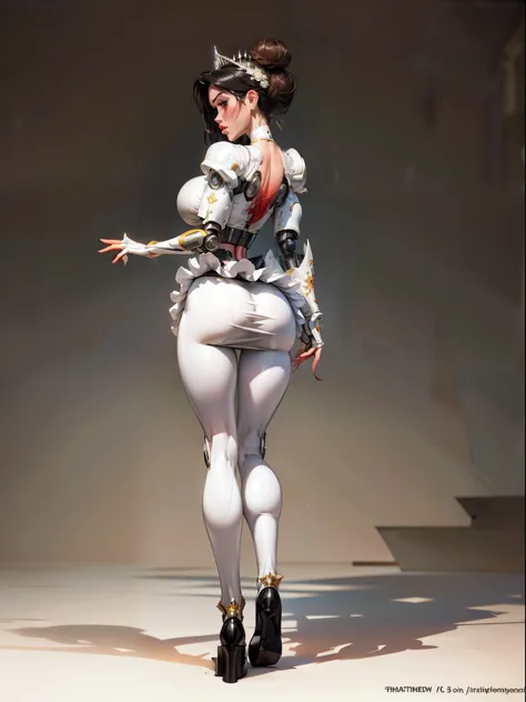 ((Back view:1.4)),looking straight to viewer, ((light black hair:1.4)), sexy aesthetic, There is a woman in a robot suit ((posing inside futuristic titanic ship quarters)), ((rose from titanic)), ((off white aesthetic:1.5)), ((Beautiful white girl half cyb...