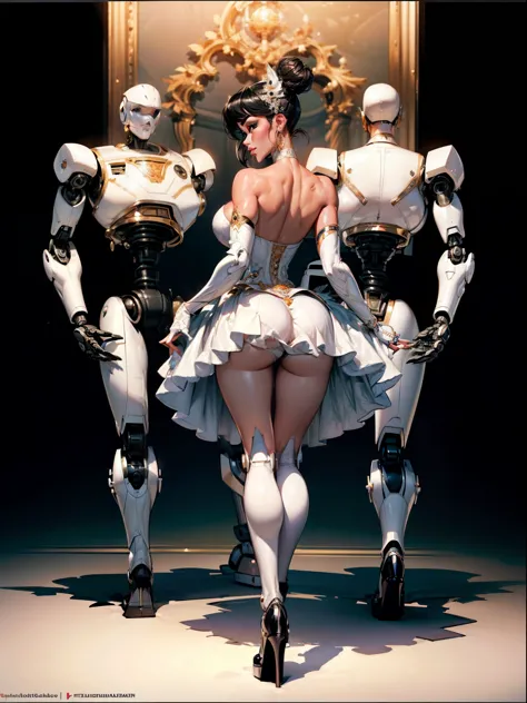 ((Back view:1.4)),looking straight to viewer, ((light black hair:1.4)), sexy aesthetic, There is a woman in a robot suit ((posing inside futuristic Roman building)), ((rose from titanic)), ((off white aesthetic:1.5)), ((Beautiful white girl half cyborg)), ...
