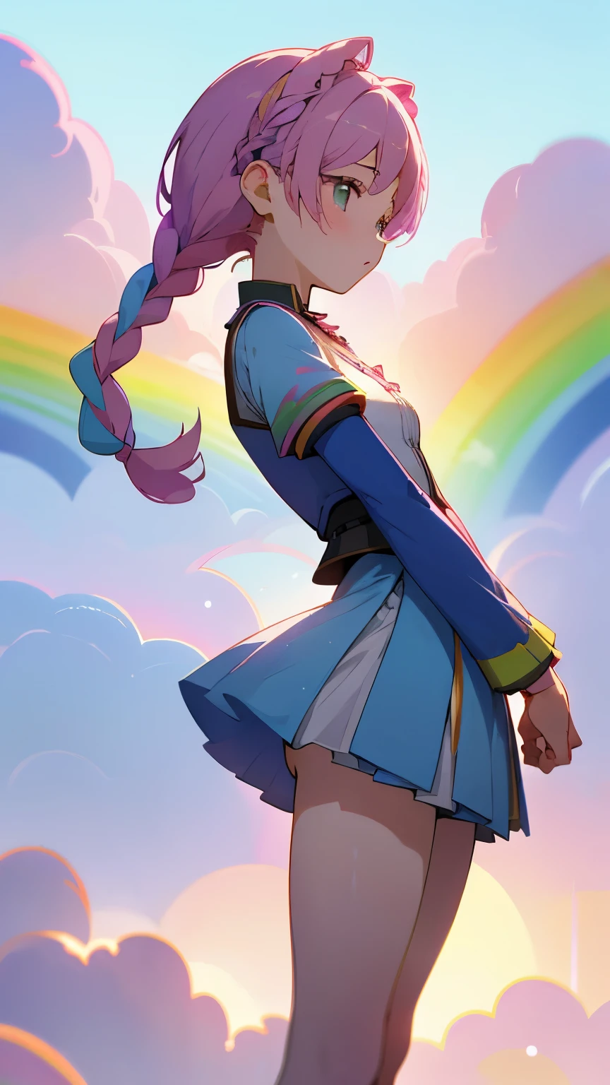 one girl、１２talent、Magical girl、anatomy、french braid、anime style、small breasts、cute face、cute clothes、combat uniform、、(((The background is pastel colored clouds:1.5、rainbow、blurred background)))、highest quality、High resolution、High resolution、cinematic lighting、professional photographer