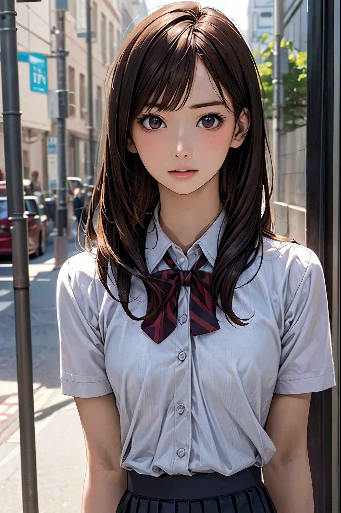 (masterpiece:1.2, top-quality), (realistic, photorealistic:1.4), beautiful illustration, (natural side lighting, movie lighting), 
looking at viewer, upper body, 1 girl, japanese, high school girl, 12 years old, perfect face, cute and symmetrical face, shiny skin, 
(long hair, straight hair, red brown hair), asymmetrical bangs, brown eyes, long eye lasher, (medium breasts), 
beautiful hair, beautiful face, beautiful detailed eyes, beautiful clavicle, beautiful body, beautiful chest, beautiful thigh, beautiful legs, beautiful fingers, 
((white collared shirts, grey box pleated mini skirt), dark red bow tie), 
(beautiful scenery), evening, (street), holding a phone, (serious),