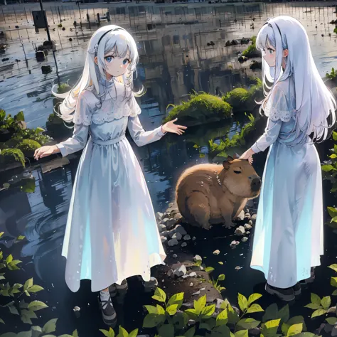 White long dress , long hair white, guitar, cute face, beautiful place, capybara