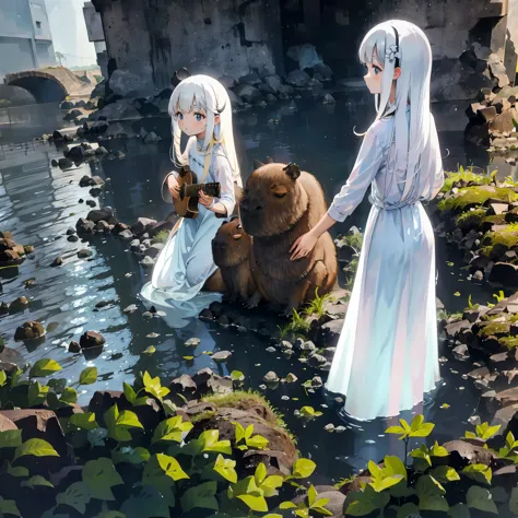 White long dress , long hair white, guitar, cute face, beautiful place, capybara