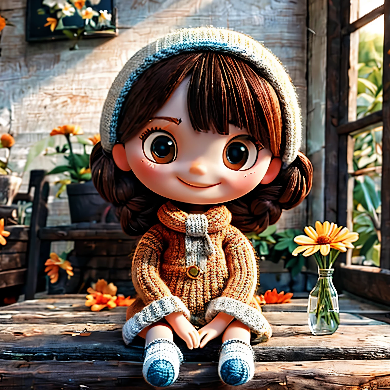 cute knitted doll，in the room，smiley face，many flowers（（（masterpiece）））， （（best quality））， （（intricate details））（8k）