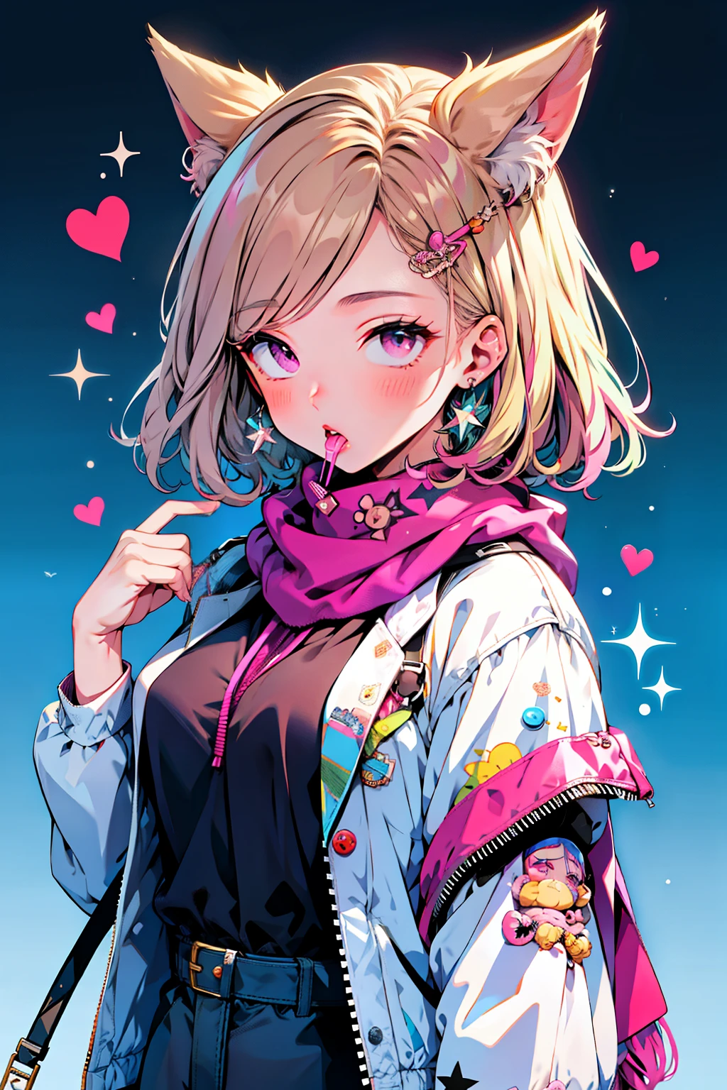 Very beautiful and shining eyes、shining eyes、1 girl、small breasts、big mouth、high school girl、small breasts、Cat ear、pink short hair、scarf、oversize jacket、