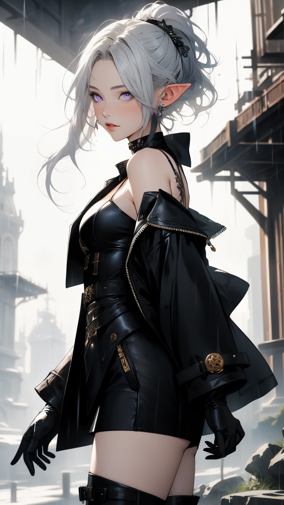 ((masterpiece)), ((best quality)), ((highres)), ((detailed background)), (elf), (1girl), cute girl, ((rock jacket)), black clothing, low ponytail hair, parted bangs, (hair over one eye), white hair, violet eyes, insanley detailed face and eyes, Perfect lips, (ear piercing), glowing, choker, dress, pantyhoses, cowboy shot with white boots, rainy, gloves, bare shoulders, fantasy painting  by Artgerm, by Kawacy, by Yoji Shinkawa,