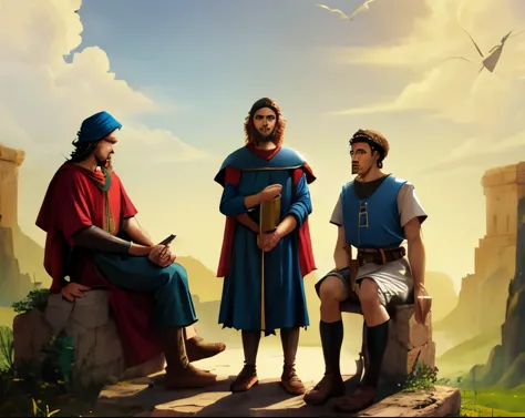 um grupo de homens rezando. Two men are sitting. Four men are standing. Um grupo de judeus. biblical costumes. biblical style.  ...