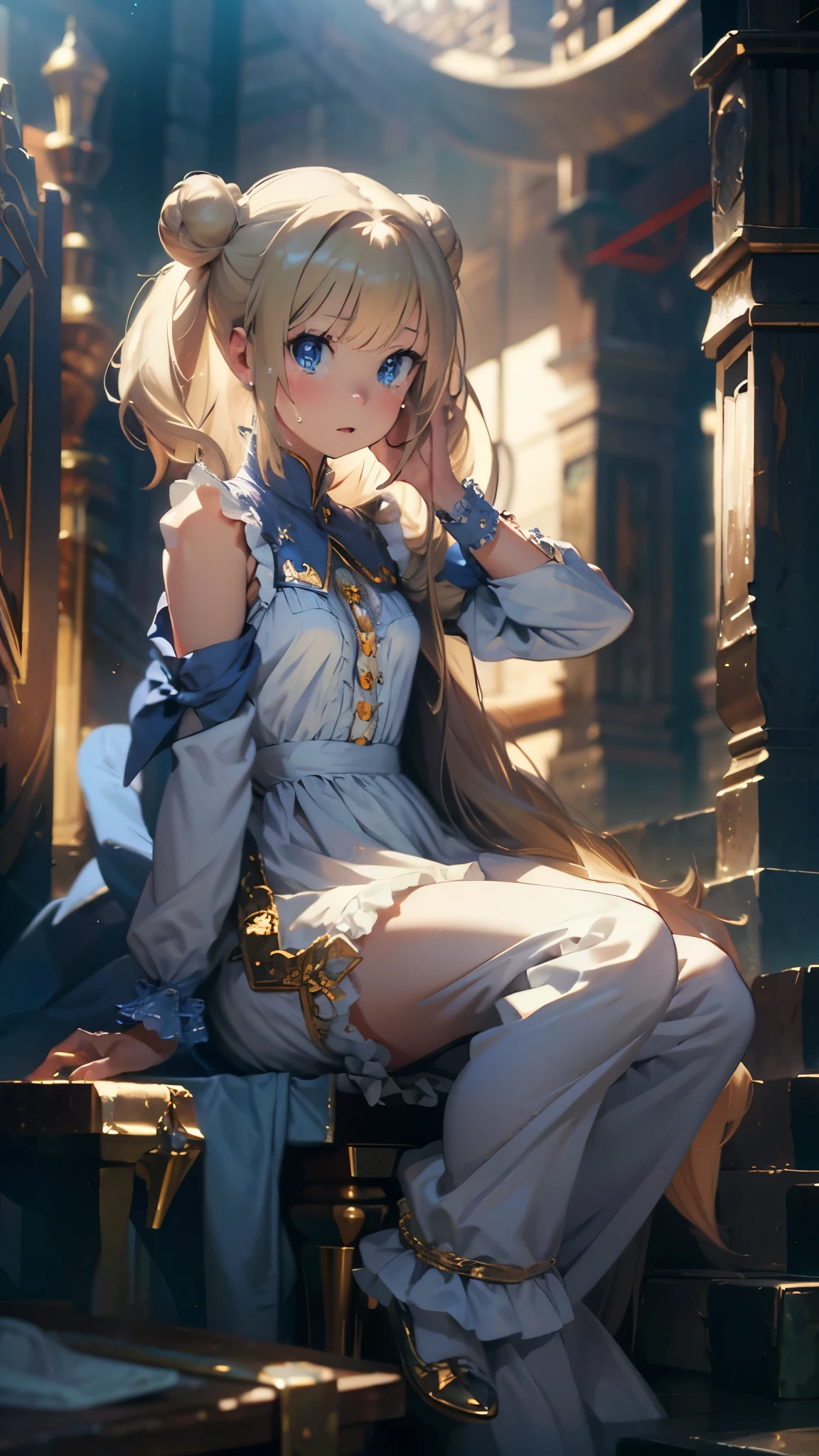 (cute illustration:1.2), high-resolution, ultra-detailed, best-quality, (best picture quality, 4K, high quality, masterpiece:1.2), ((masterpiece)), high detail, high quality, (medium bun hair), ((blond hair)), cute, early teen magical girl, (white and blue gorgeous magical dress with frills:1.2) sleeveless, detached sleeve, armpits, openchest, white thigh high pantyhose, armpits, squatting, spread legs, embarrassed, crying