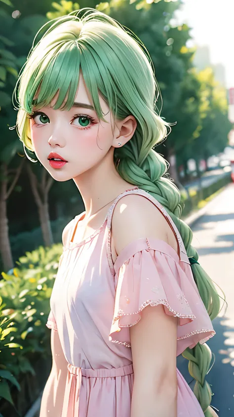 one girl、１２talent、baby face、whitish emerald green hair、Braid、anime style、cute face、small nose、plump lips、red lipstick、natural lo...