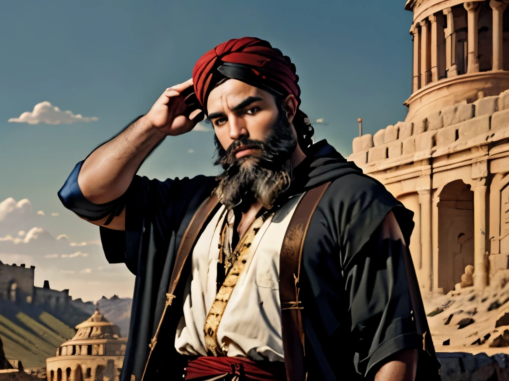 an adult man with a beard and black hair with his hand on his head. On his head there is a turban. In the background there is a servant. biblical costumes. biblical clothing. biblical style. epic scenery.