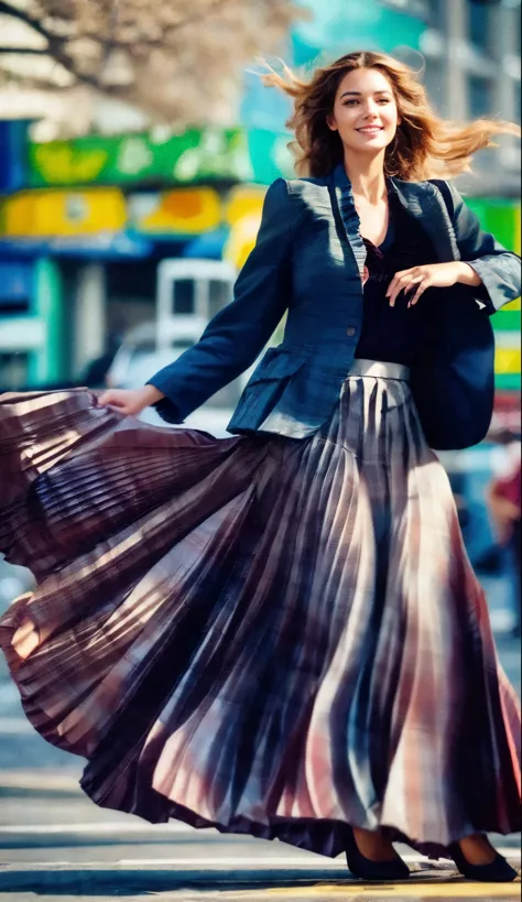 A smiling, authentic, (shy:1,3), kind, beautiful woman, is passionately in love with her skirt, while wind lifts her skirt, wearing short blazer and very very detailed (long (fully pleated:2) full circle skirt) and (low heeled court shoes), very very intri...