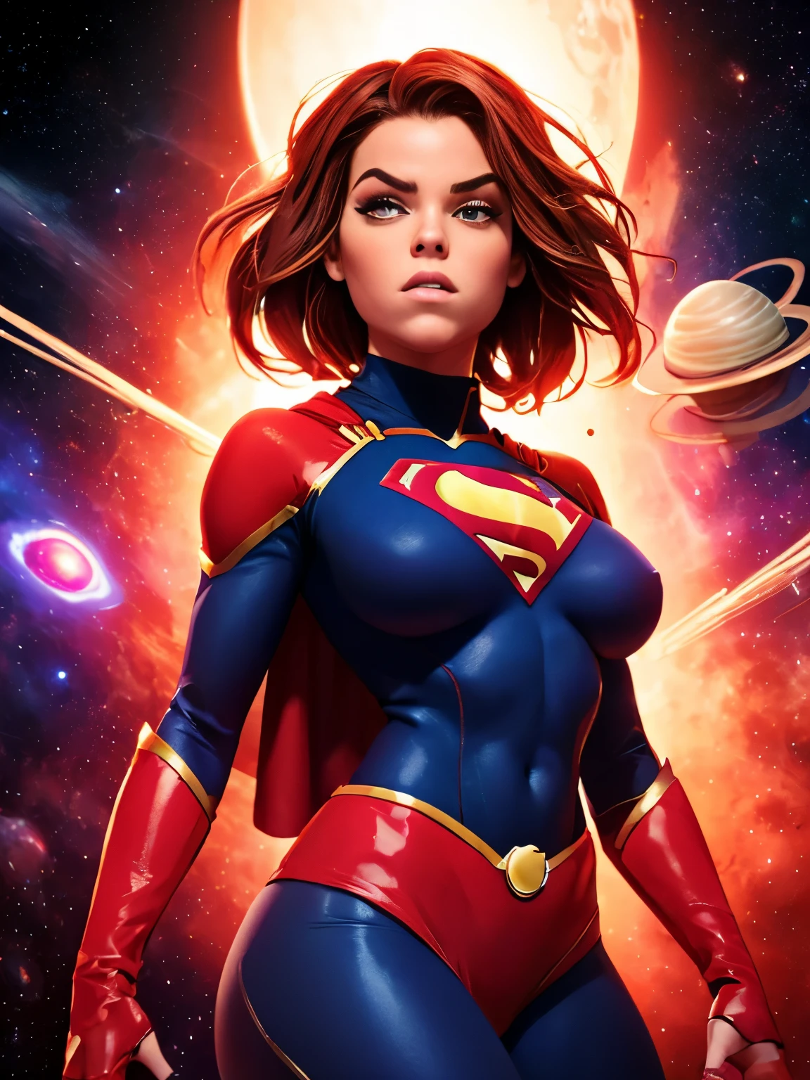 (((COMIC STYLE, CARTOON ART))). ((1 girl)), lonly, solo, A comic-style image of Supergirl a Hot hero Girl, with her as the central figure. She wears a traditional Supergirl blue and red outfit, red little skirt, (((Milly Alcock face))) . ((Hot slim body). (((Cinematic cosmic space background))) . She has a strong and courageous expression, as if she is ready to fight evil.