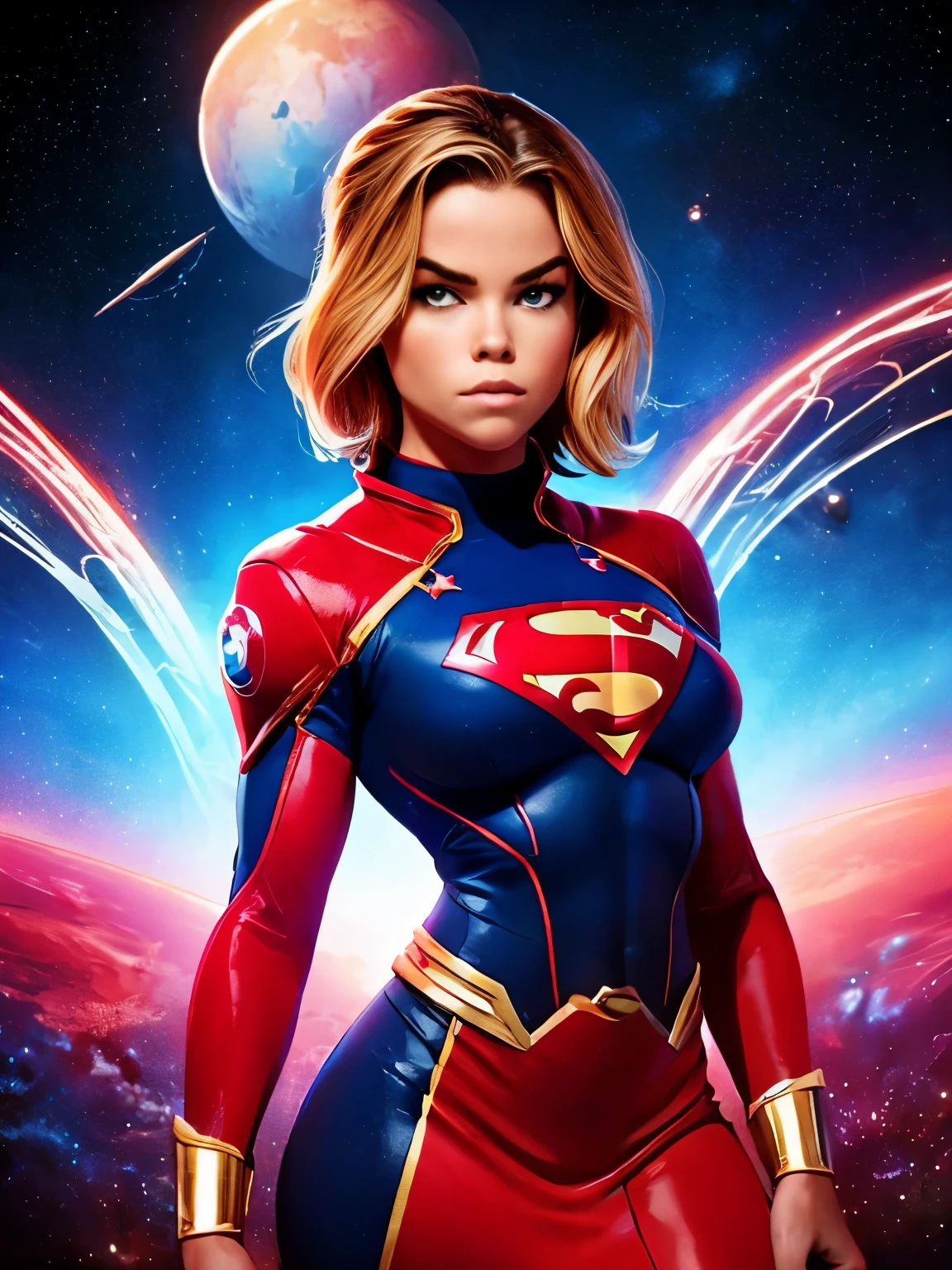 (((COMIC STYLE, CARTOON ART))). ((1 girl)), lonly, solo, A comic-style image of Supergirl a Hot hero Girl, with her as the central figure. She wears a traditional Supergirl blue and red outfit, red little skirt, (((Milly Alcock face))) . ((Hot slim body). (((Cinematic cosmic space background))) . She has a strong and courageous expression, as if she is ready to fight evil.