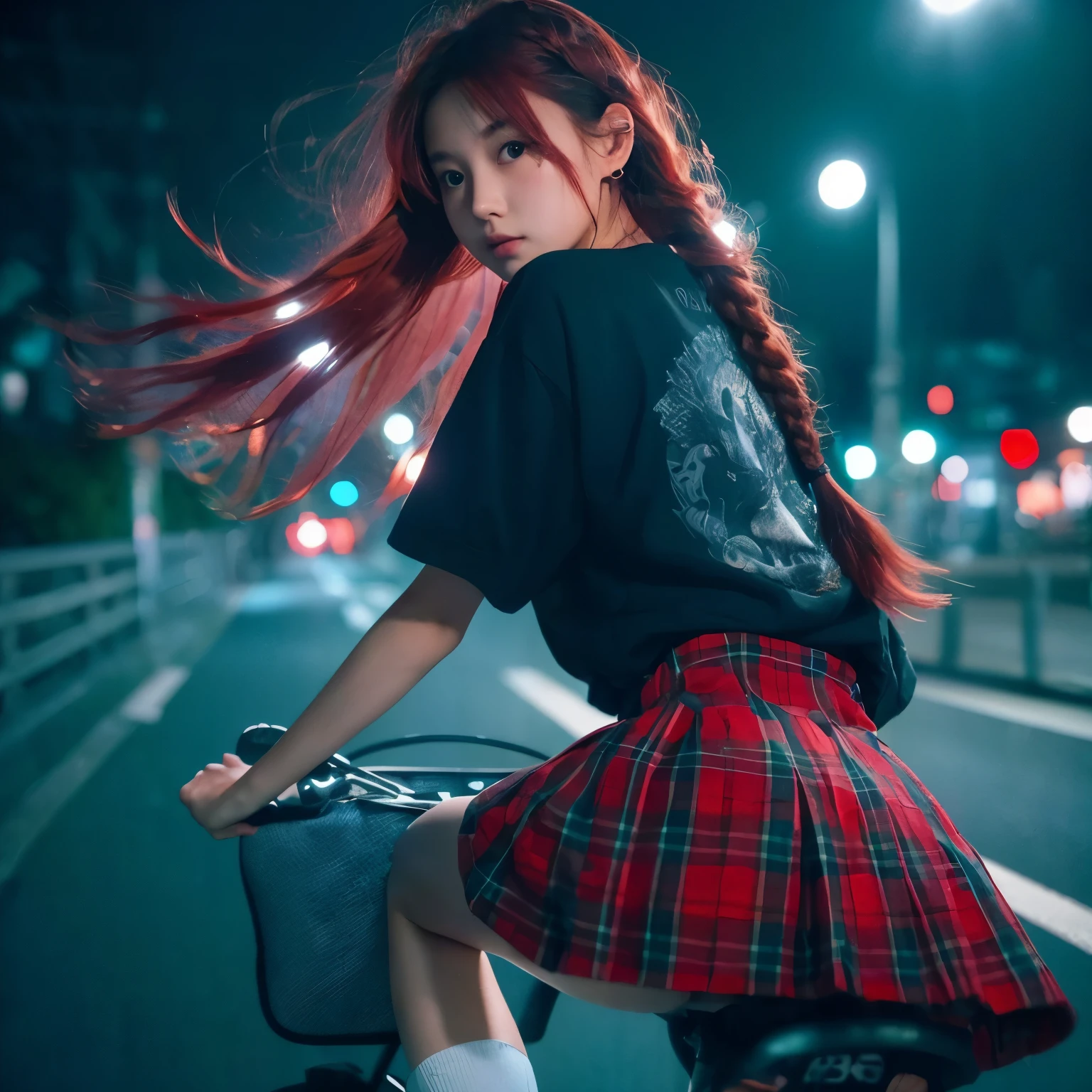 18 years old full body shoot riding a bicycle, hyper realistic photo,(((braid red hair))), riding a bicycle shoot from back, low angle, showing back body, rounded ass, teen goth japanese girl, black hair moving by winds, (8K, High resolution,ultra-quality, An ultra-high picture quality, Ultra realistic, Best Quality, master piece:1.2), (teenage girl japan), big breast, (((skirt lift by myself))), (lifted by self), little red tartan upskirt naturally by winds tease her cute pink panties from behind, blush, wearing very long oversize black t-shirt, very shorts skirt, white long socks with nike sneakers, eyes visible through hair, Proper eye position, Cinematic Light, Soft light,lower back, detailed color graded background, Convoluted, highly detailed,8K, Overall silhouette, night scene, gig stage concert environtment, high detailed, wallpaper quality, good anatomy, correct body, hand & fingers anatomy (lora:add_detail:0.8) night scene in japan neighborhood