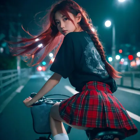 18 years old full body shoot riding a bicycle, hyper realistic photo,(((braid red hair))), riding a bicycle shoot from back, low...