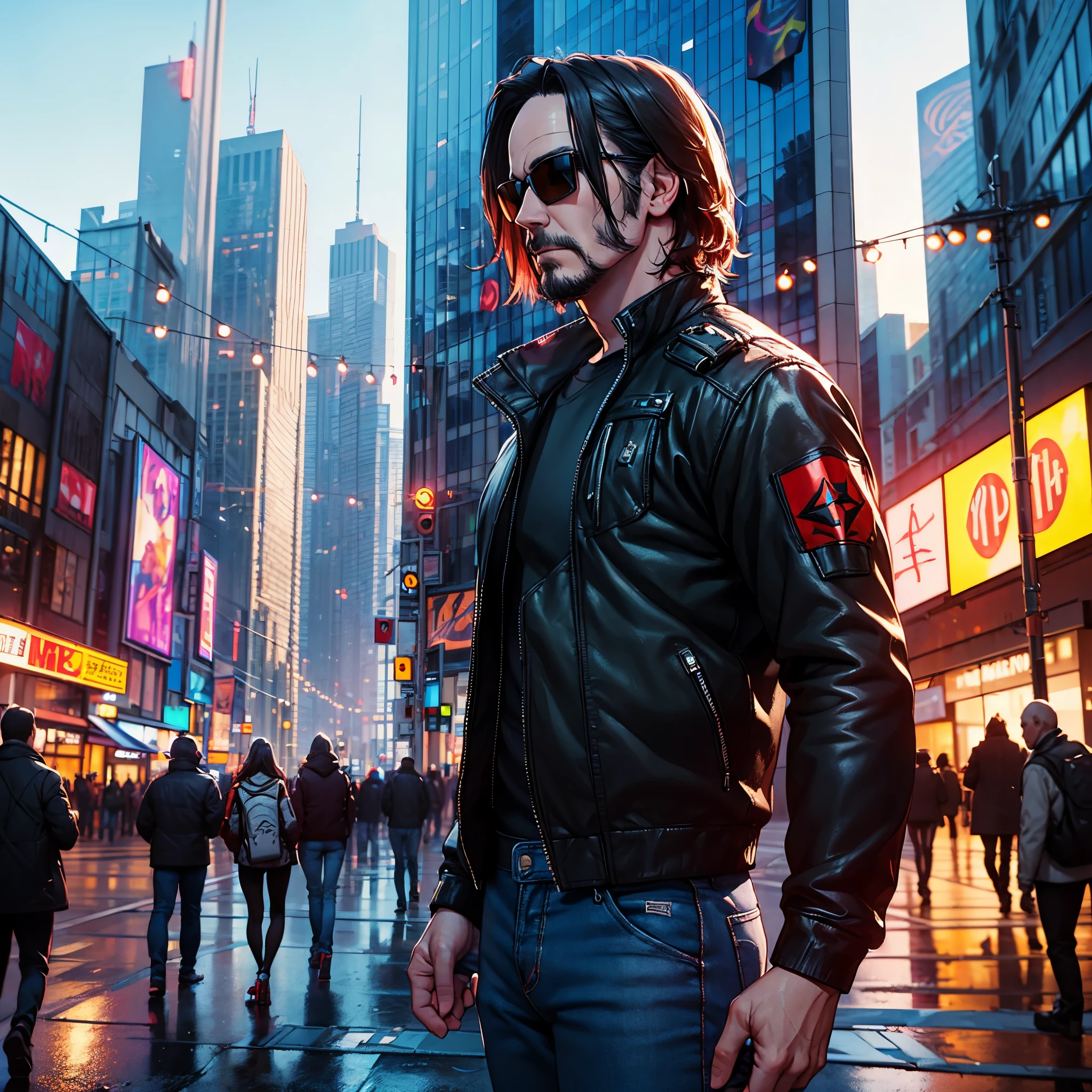 Keanu Reeves, (ulra-pro-photo-realistic: 1.6), Complex Detail, fine details, hyper-detailing, ray traced, Subsurface dispersion, Diffused soft lighting, Shallow depth of field, by Oliver Wetter, an intricate, ultra high-detailed, ultra sharp-focus, tension, Photorealistic painting (by Greg Rutkowsky:1.4), bokeh, The left arm of the robot is made of silver, T-shirt bulletproof vest on a naked body, purple jeans, Black Boots, cyberpunk 2077, Red Aviator Glasses, Silver prosthetic arm, in full height, Sateen, hairstyle, shoulder-length hair, Tatoo, Johnny Silverhand, Holds an electric guitar, Open Stage, city of the future, A lot of spectators, Black skyscrapers, ulra high-resolution, ultra high-quality, uhd, hdr