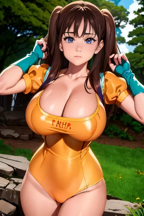 nsfw:1.3, 8K，hightquality，​masterpiece，1girll, SOLO, purple eyes, brown hair, seven deadly sins, diane, breasts, inverted_nipples, twintails, cleavage, orange leotard, large breasts, leotard, gloves, fingerless gloves, blush, backpack, bag, outdoors, natur...