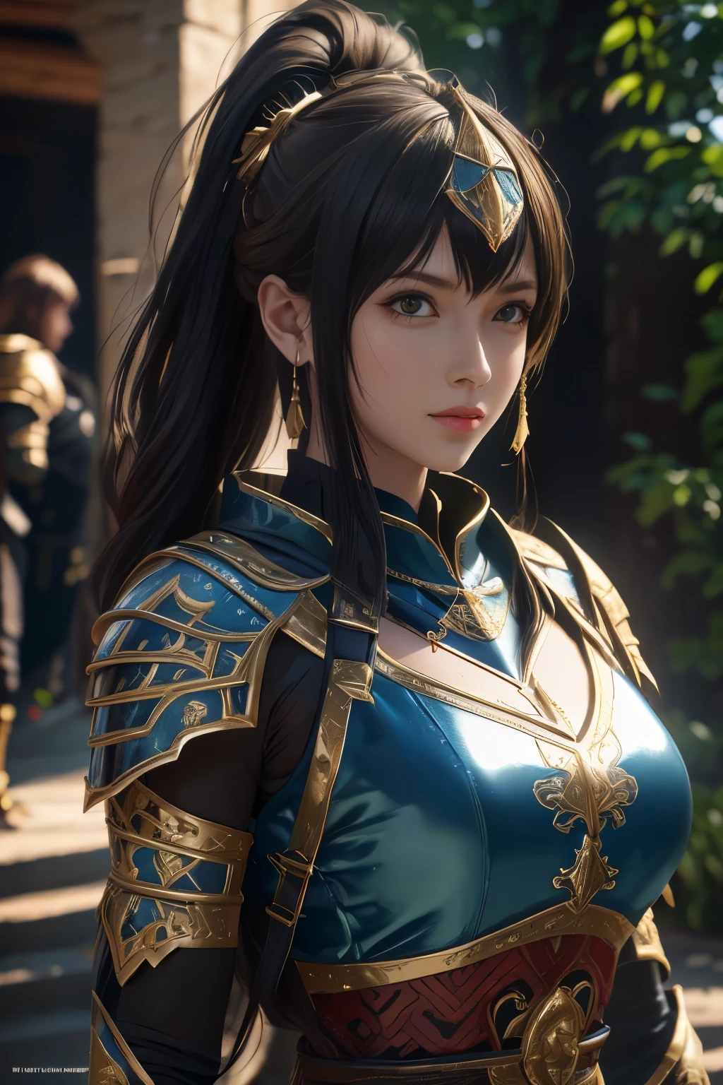 Game art，The best picture quality，Highest resolution，8K，(A bust photograph)，(Portrait)，(Head close-up:1.5)，(Rule of thirds)，Unreal Engine 5 rendering works， (The Girl of the Future)，(Female Warrior)， 
20岁少女，((Hunter))，An eye rich in detail，(Big breasts)，优雅高贵，冷漠，勇敢的，
（Medieval-style fur combat clothing，Glowing magic lines，Animal skin clothing with rich details），Medieval Lady Knight，Medieval ranger，
拍照姿势，简单背景，Movie lights，Ray tracing，Game CG，((3D Unreal Engine))，oc渲染反射纹