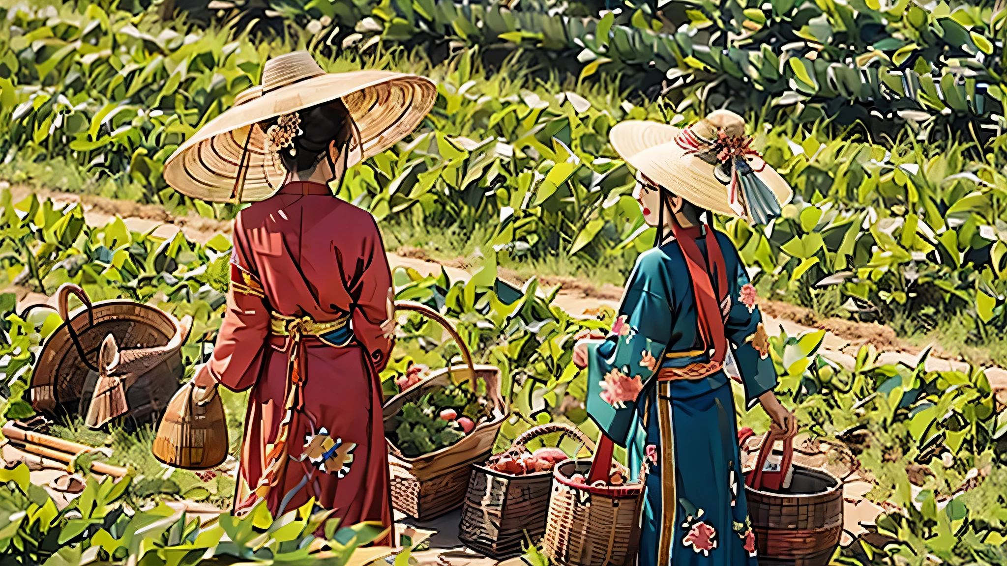 Two farmer mothers-in-law are working in the fields，The sun in the sky is very hot，Wearing Qing Dynasty costumes