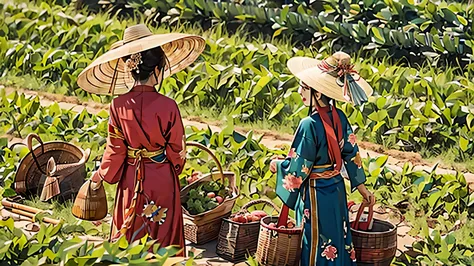 two farmer mothers-in-law are working in the fields，the sun in the sky is very hot，wearing qing dynasty costumes