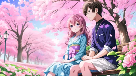 anime couple sitting under a tree with pink flowers in the background, kyoto animation key visual, in style of kyoto animation, ...