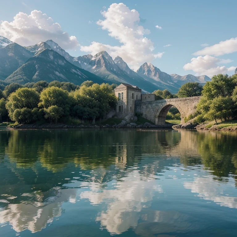 This image offers a serene view of a historic structure mirrored in a body of water, creating an upside-down effect in the reflection. The tranquil water captures the building’s image, enhancing the timeless architecture with three arches on each side. The stillness of the water allows for a clear, reflective surface, mirroring the building and sky, instilling a peaceful ambiance. Surrounding the main piece are mountainous backdrops on each flank, framing the scene with nature’s majesty. The blue sky, dotted with soft clouds, brings a sense of calm to the composition, welcoming viewers into this ethereal and contemplative world.