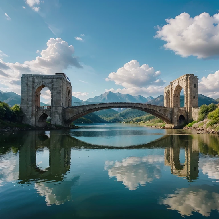 This image offers a serene view of a historic structure mirrored in a body of water, creating an upside-down effect in the reflection. The tranquil water captures the building’s image, enhancing the timeless architecture with three arches on each side. The stillness of the water allows for a clear, reflective surface, mirroring the building and sky, instilling a peaceful ambiance. Surrounding the main piece are mountainous backdrops on each flank, framing the scene with nature’s majesty. The blue sky, dotted with soft clouds, brings a sense of calm to the composition, welcoming viewers into this ethereal and contemplative world.